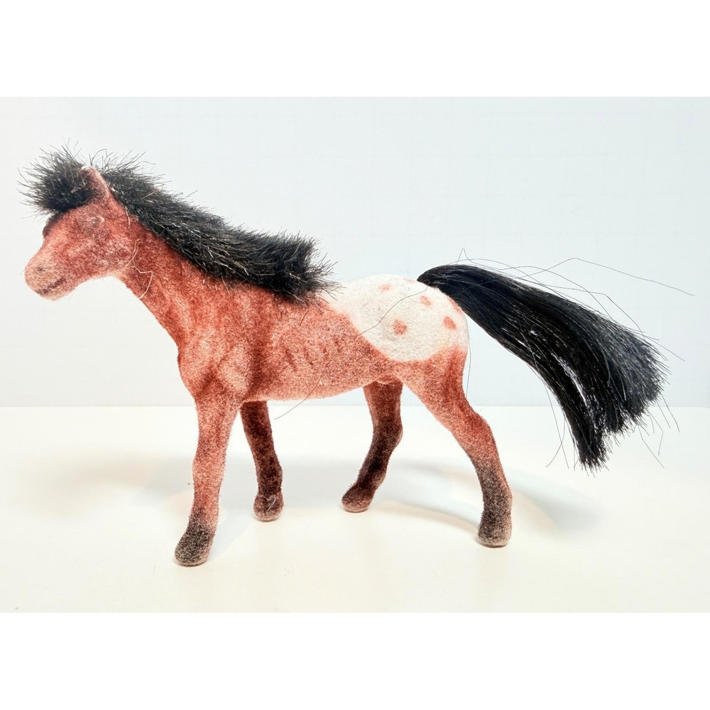 Miniature Flocked Appaloosa Horse Figure Black Mane Tail 3.5" Unmarked